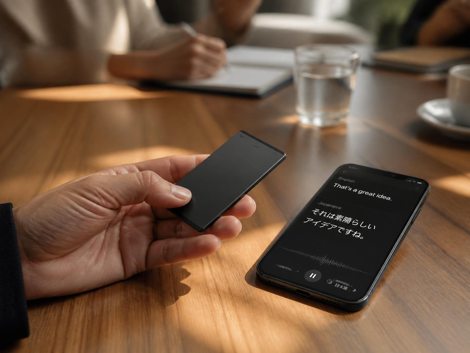 Hand holding TransNote next to a phone displaying live English–Japanese translation in a boardroom