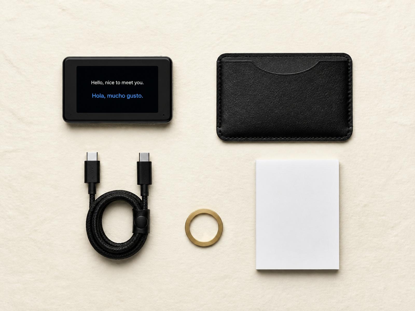 Flat lay of TransNote device, magnetic leather case, USB-C cable, magnetic ring and user manual on cream paper